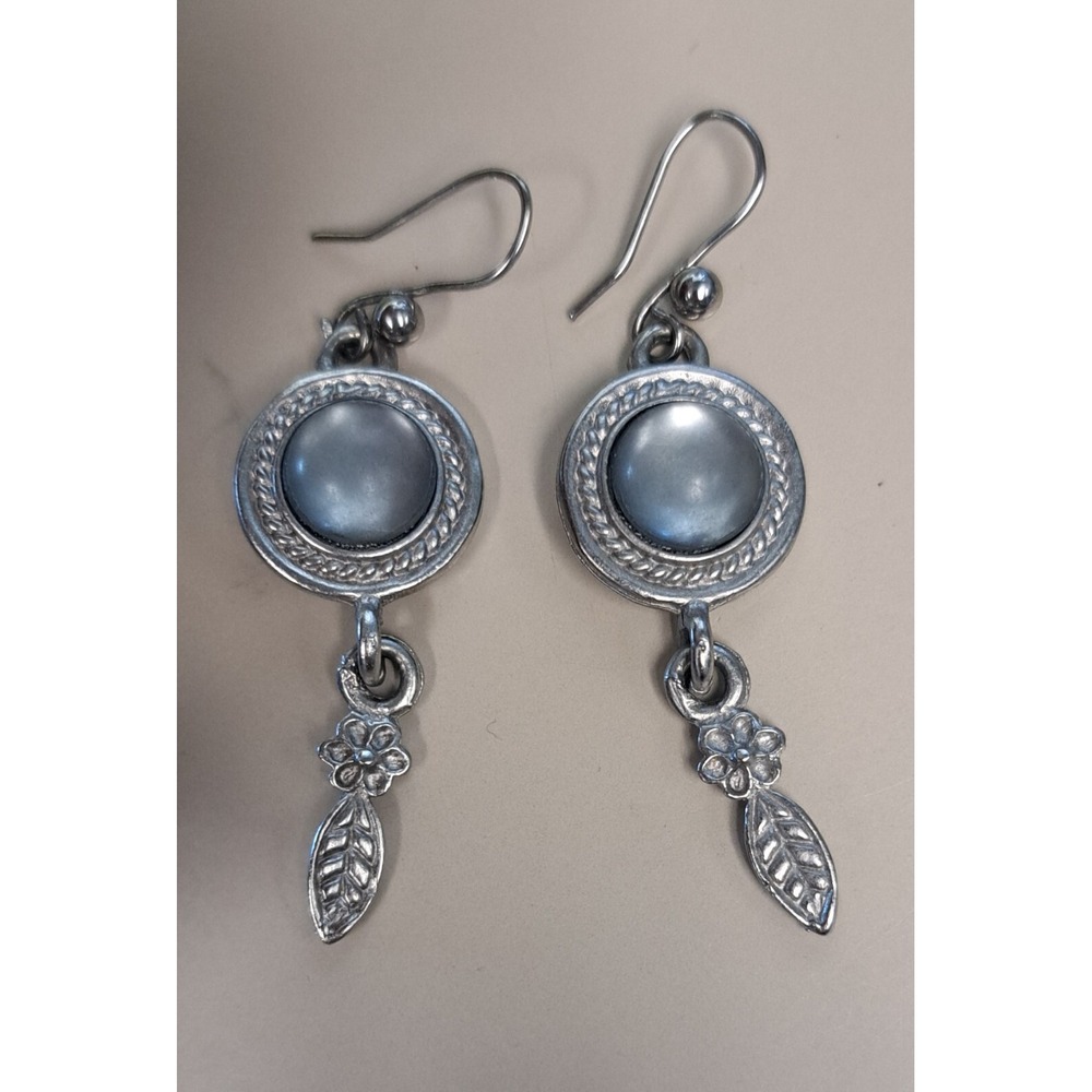 Artisan Crafted Grey Pearl Flower Leaf Dangle Drop Earrings Silver Tone